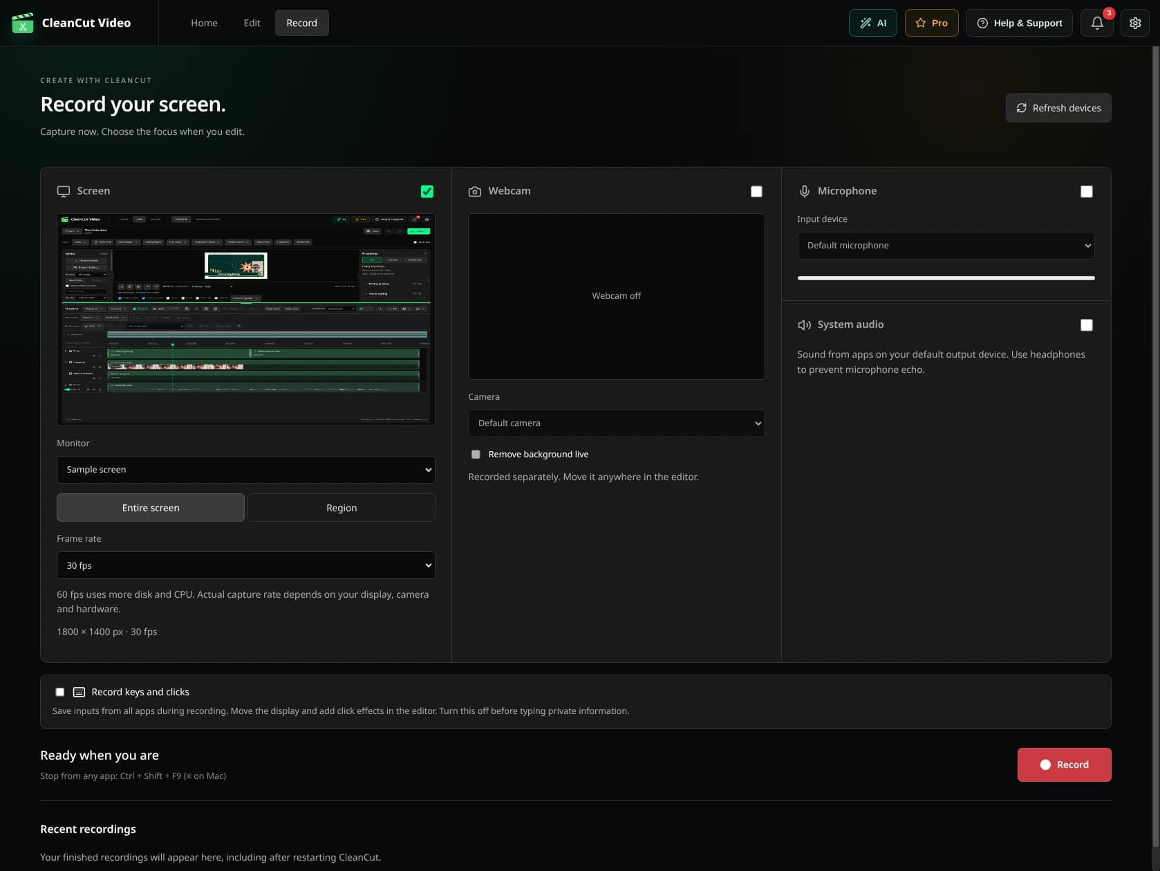 Screen, camera, microphone and audio settings in CleanCut