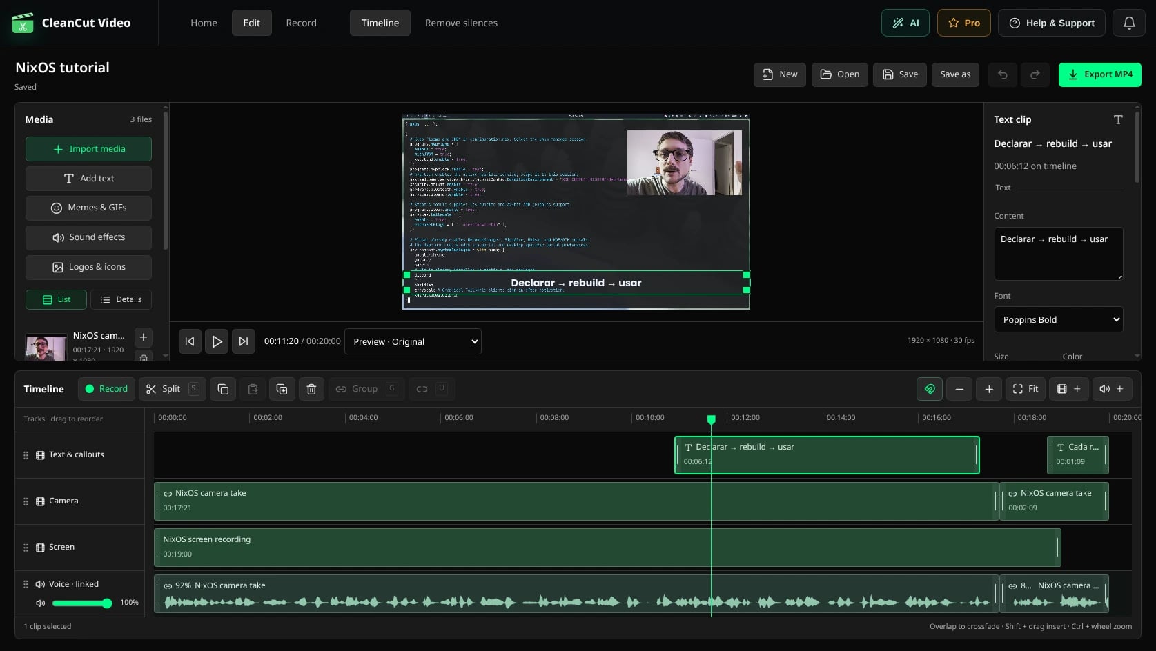 Real NixOS project in CleanCut: screen, camera, native title and separate video and linked voice tracks