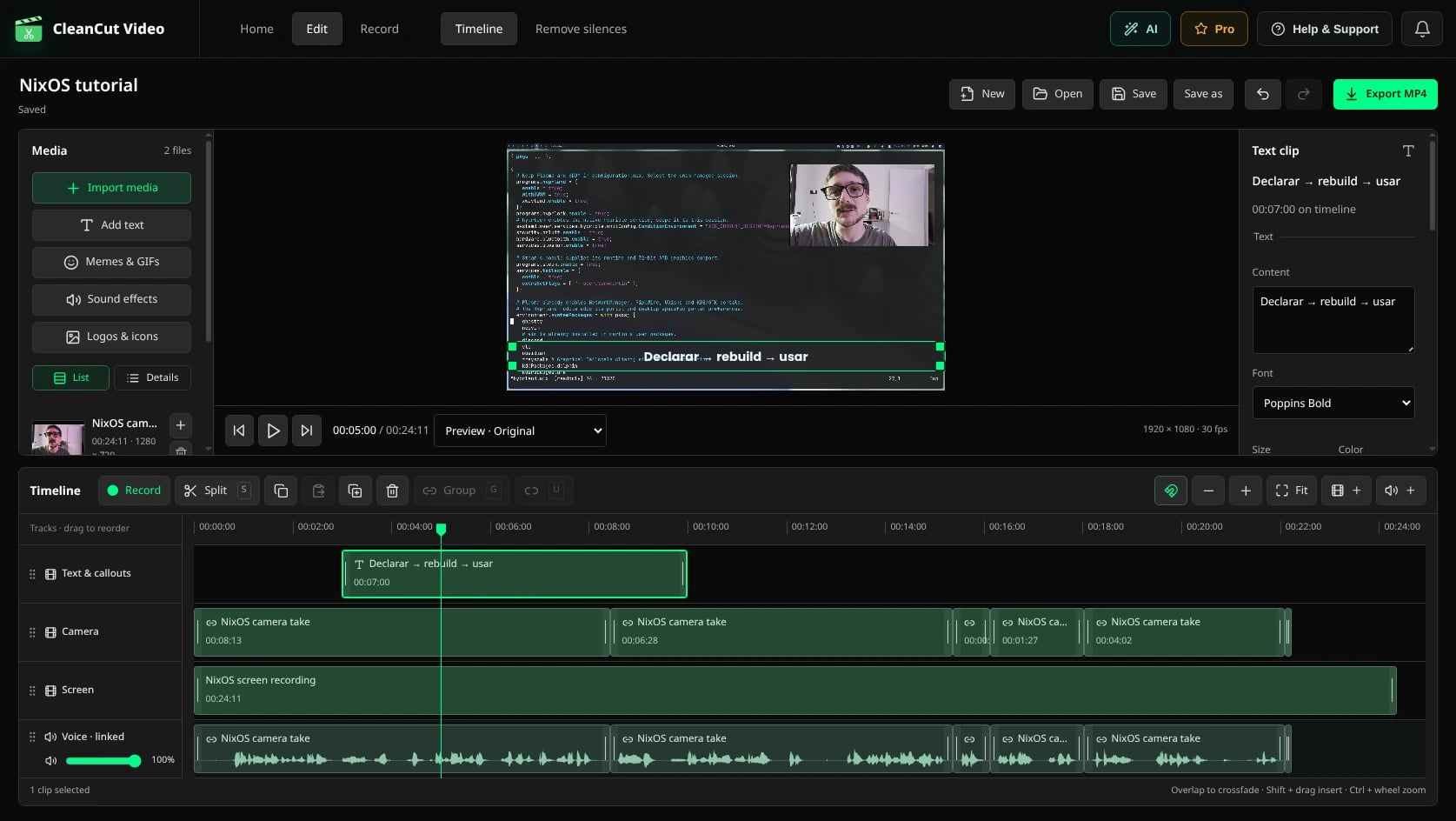 Real CleanCut editor with the NixOS tutorial: camera and voice split into six clips after silence removal, screen recording, native title and Export MP4