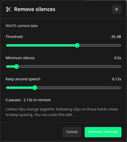 Actual Remove silences panel: threshold, minimum silence, speech padding and five detected pauses, with the action to apply the cuts